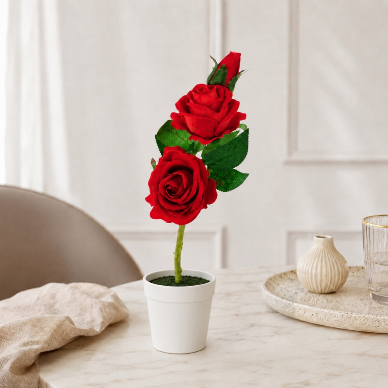 Elegant Artificial Red Roses in Pot – Premium Quality