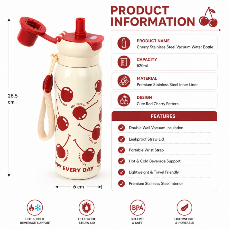 Cherry Vacuum Water Bottle - 620ml