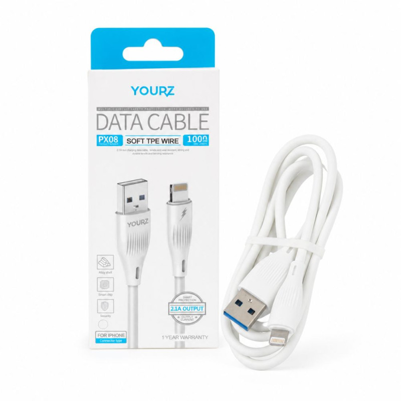 Yourz PX08 2.1A Fast Charging Lightning Data Cable – White (100cm)