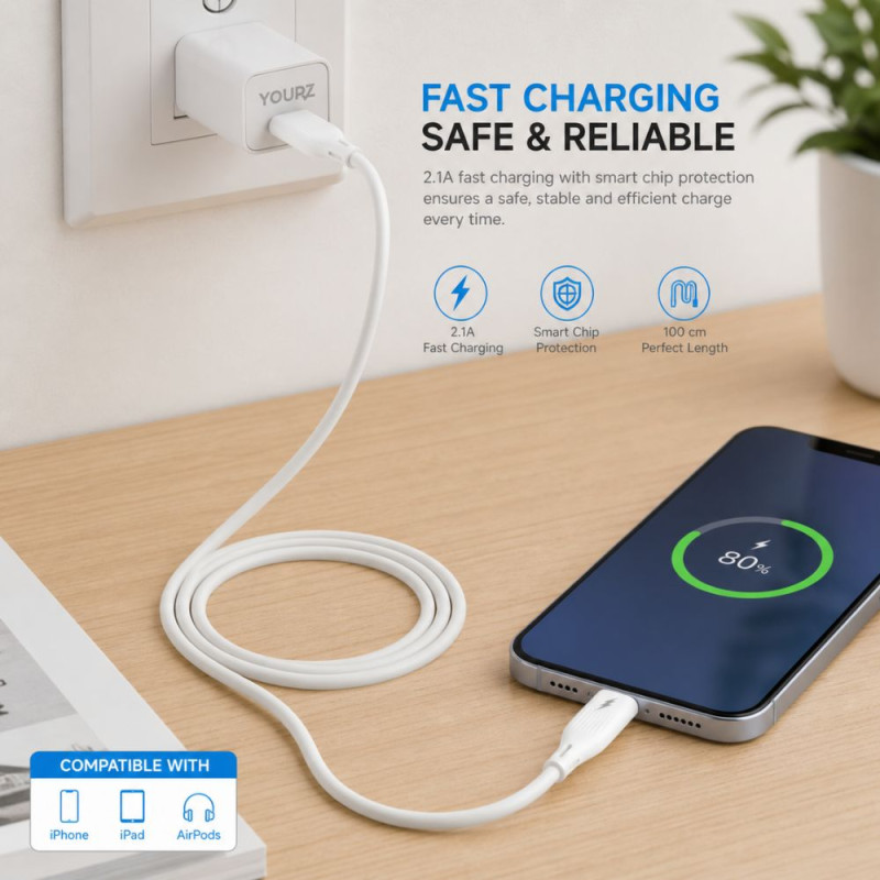 Yourz PX08 2.1A Fast Charging Lightning Data Cable – White (100cm)
