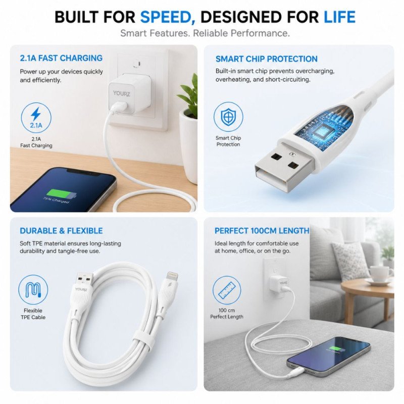 Yourz PX08 2.1A Fast Charging Lightning Data Cable – White (100cm)