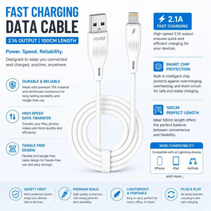 Yourz PX08 2.1A Fast Charging Lightning Data Cable – White (100cm)