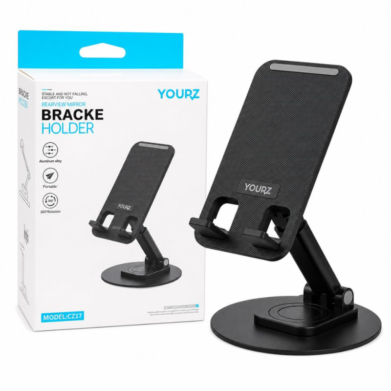 YOURZ 360° Rotatable & Folding Desktop Phone Holder – Black (12x10cm)