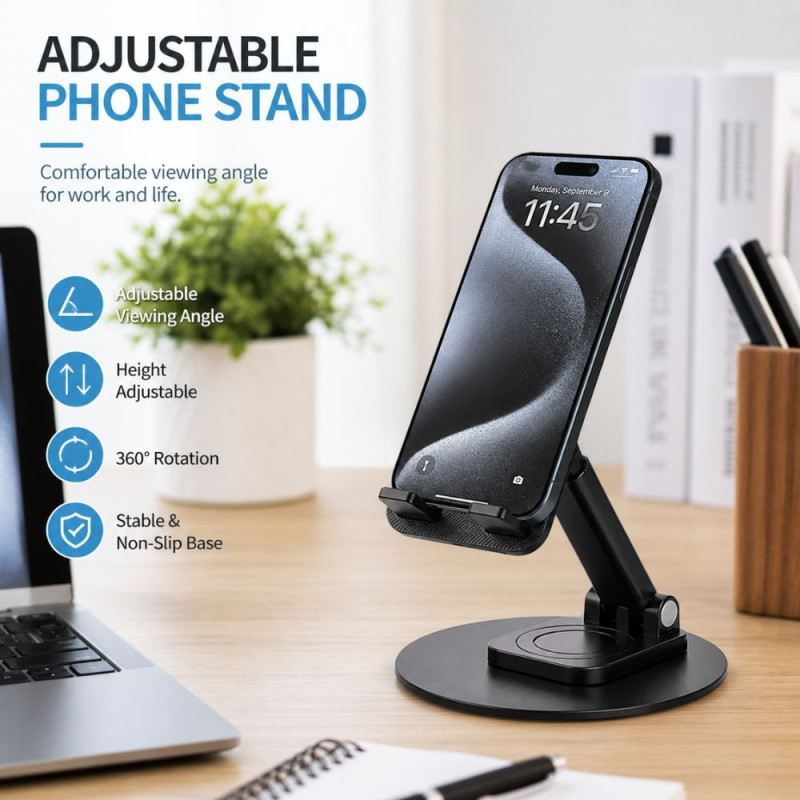YOURZ 360° Rotatable & Folding Desktop Phone Holder – Black (12x10cm)
