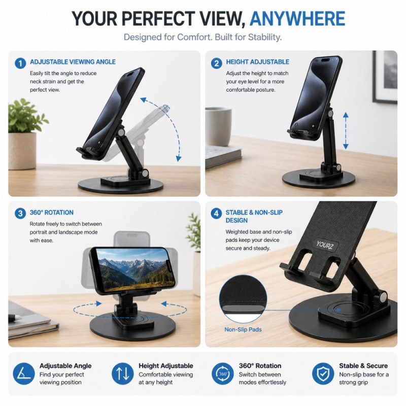 YOURZ 360° Rotatable & Folding Desktop Phone Holder – Black (12x10cm)