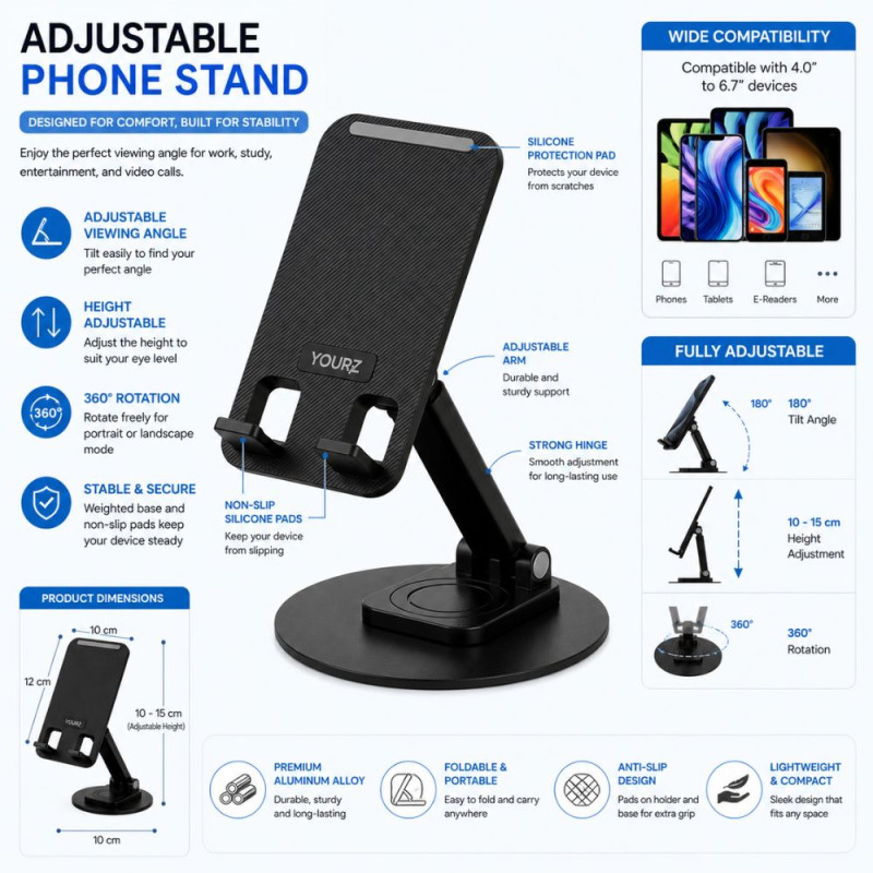 YOURZ 360° Rotatable & Folding Desktop Phone Holder – Black (12x10cm)