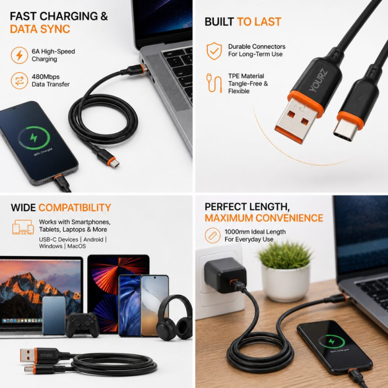 YOURZ M44 6A Ultra-Fast Charging USB to Type-C Cable – Black (1000mm)