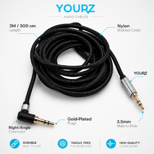 Sophisticated YOURZ brand 3-meter audio cable featuring a black nylon braided design with 3.5mm male-to-male gold-plated connectors, including a convenient right-angle plug. – Black (300 cm) Sophisticated YOURZ brand 3-meter audio cable featuring a black nylon braided design with 3.5mm male-to-male gold-plated connectors, including a convenient right-angle plug. – Black (300 cm)