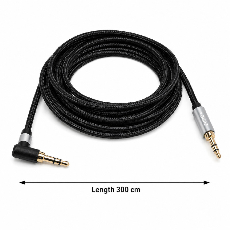 Sophisticated YOURZ brand 3-meter audio cable featuring a black nylon braided design with 3.5mm male-to-male gold-plated connectors, including a convenient right-angle plug. – Black (300 cm)