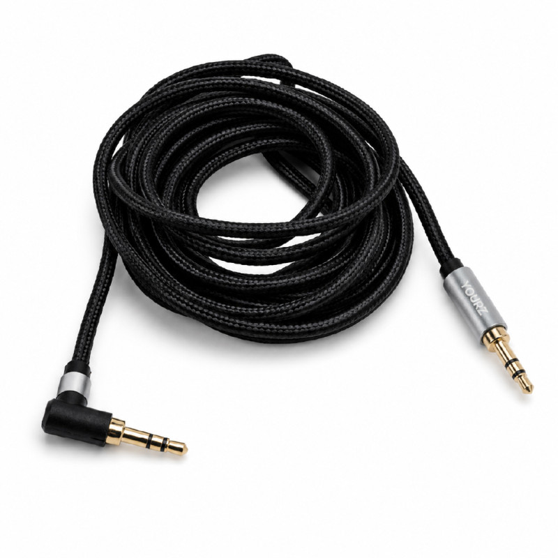 Sophisticated YOURZ brand 3-meter audio cable featuring a black nylon braided design with 3.5mm male-to-male gold-plated connectors, including a convenient right-angle plug. – Black (300 cm)