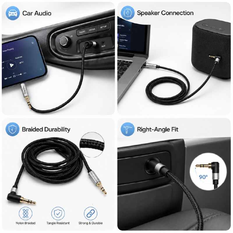 Sophisticated YOURZ brand 3-meter audio cable featuring a black nylon braided design with 3.5mm male-to-male gold-plated connectors, including a convenient right-angle plug. – Black (300 cm)