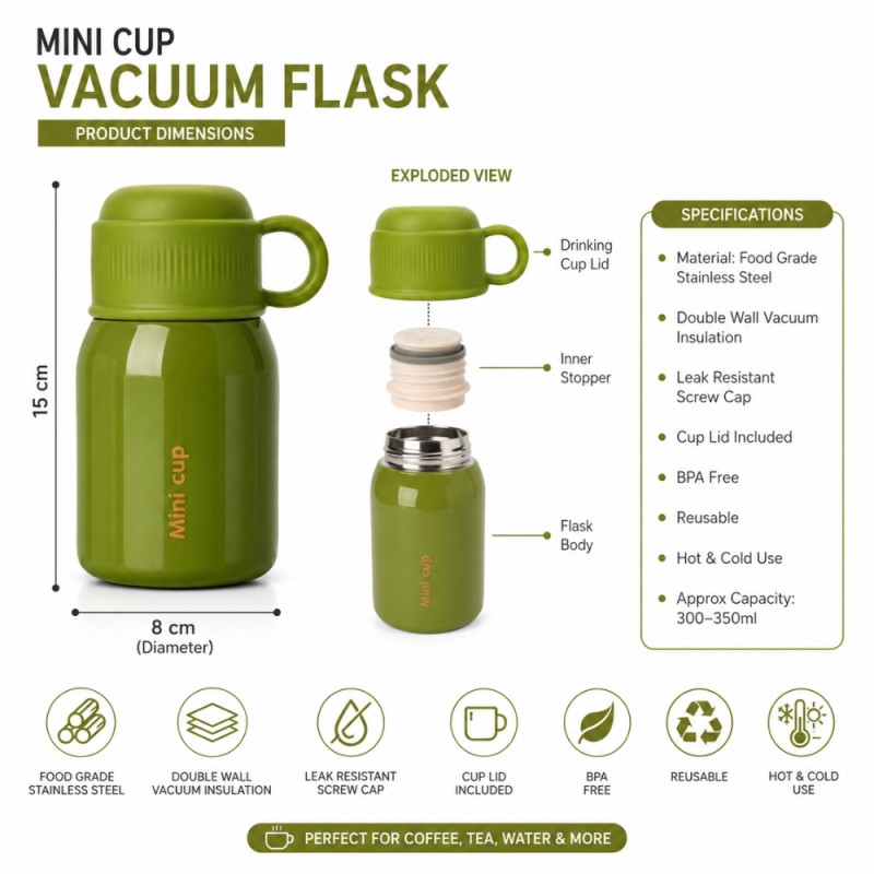 Premium Insulated Vacuum Flask Set – Lime Green Arabic Coffee Style (15x8cm)