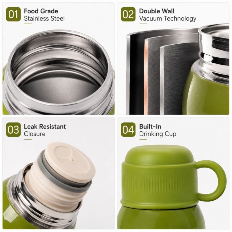 Premium Insulated Vacuum Flask Set – Lime Green Arabic Coffee Style (15x8cm)