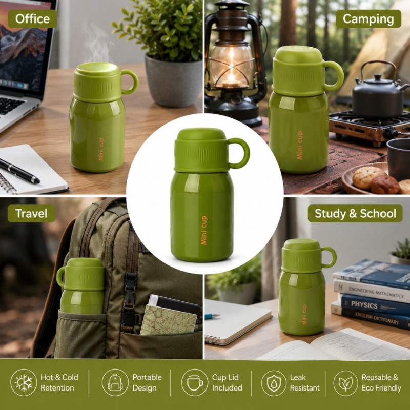Premium Insulated Vacuum Flask Set – Lime Green Arabic Coffee Style (15x8cm)