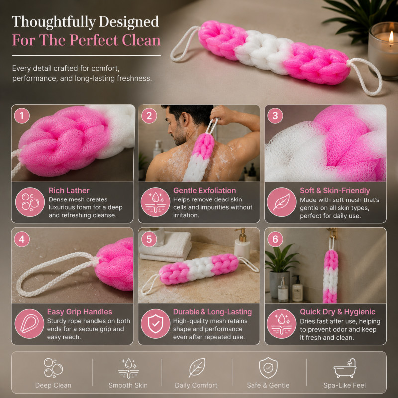 Stylish Lock Long-handle Loofah Designed for Home &amp; Professional Cleaning – Pink (H-70, W-9, L-75 CM)