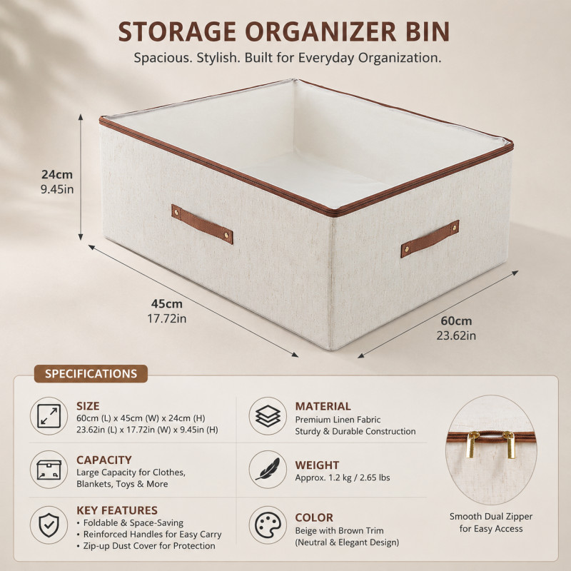 Trendy Series Storage Box Designed for Home Organization &amp; Storage – Beige (H-24, W-45, L-60 CM)
