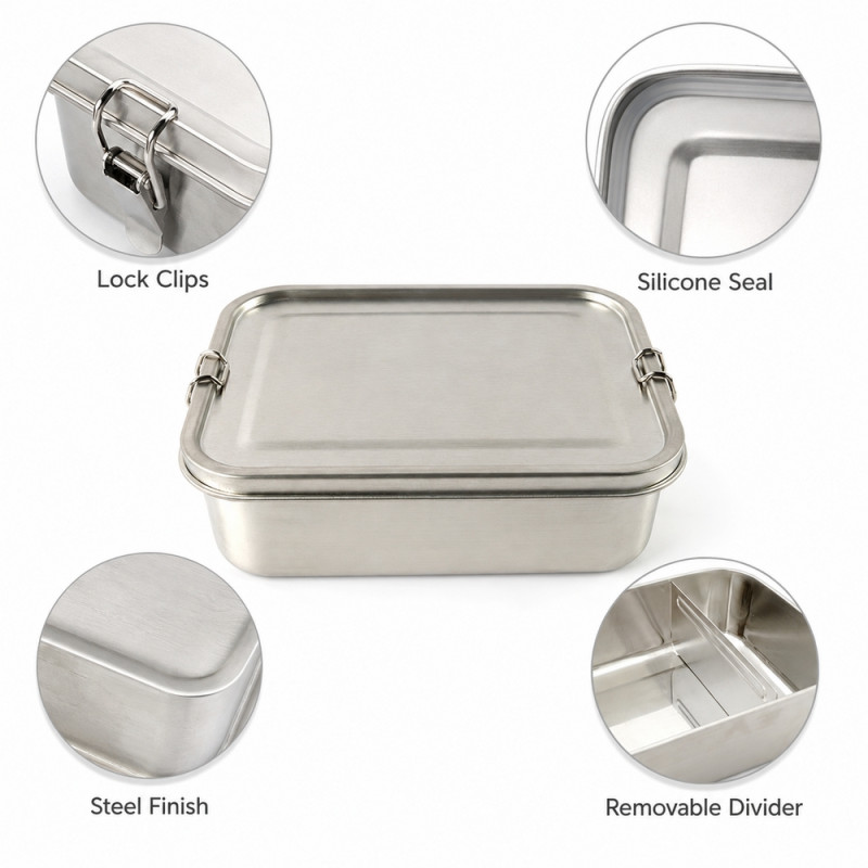 Sturdy Pick Lunch Box Designed for Meal Prep &amp; On-the-Go Dining – Stainless Steel (H-6.5, W-21, L-16 CM)