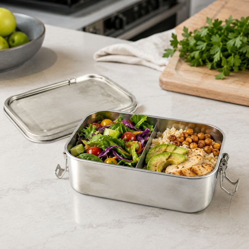 Sturdy Pick Lunch Box Designed for Meal Prep &amp; On-the-Go Dining – Stainless Steel (H-6.5, W-21, L-16 CM)