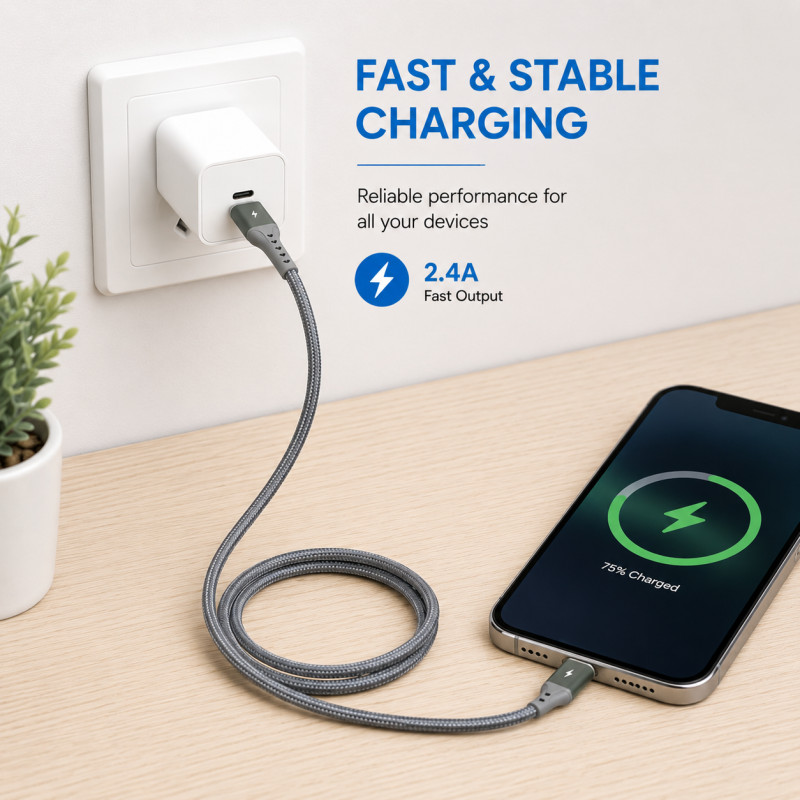 Silver Mist Charging Cable Designed for Seamless Device Connectivity – Grey (L-100 CM)