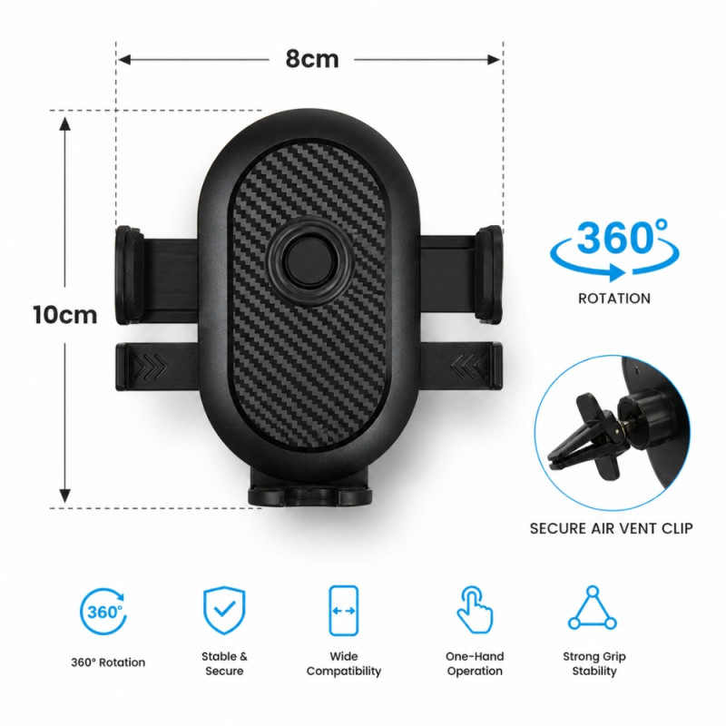 Black Carbon Fiber Textured Air Vent Car Phone Mount – Secure Grip – 10x8cm