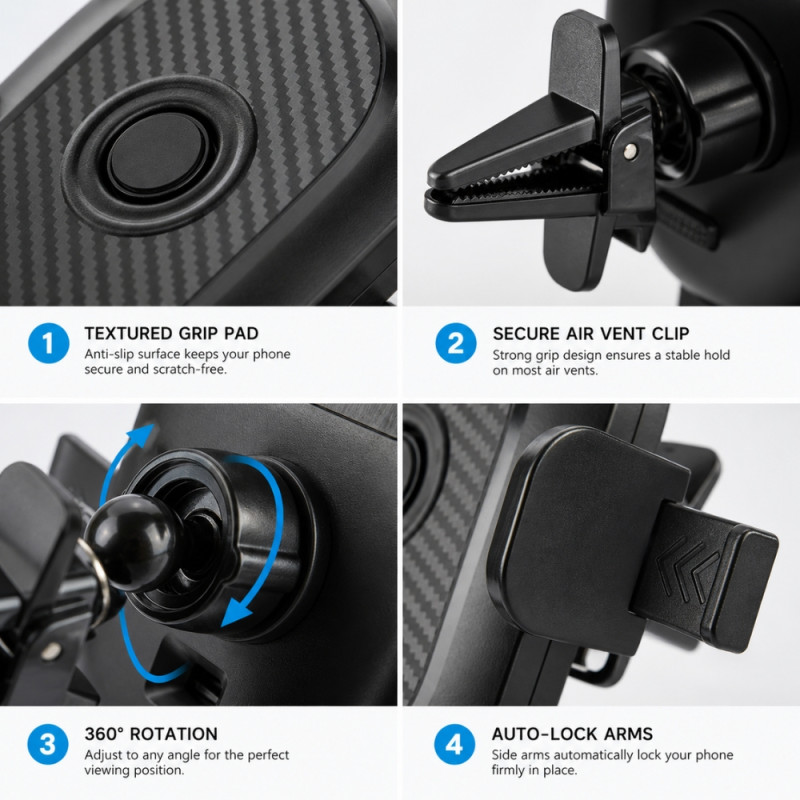 Black Carbon Fiber Textured Air Vent Car Phone Mount – Secure Grip – 10x8cm