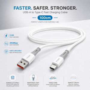 100cm White USB-A to Type-C Cable | 2.4A Fast Charge & 480Mbps Data Sync