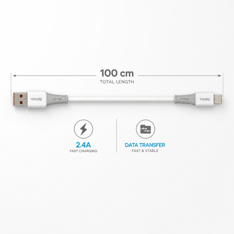 100cm White USB-A to Type-C Cable | 2.4A Fast Charge & 480Mbps Data Sync