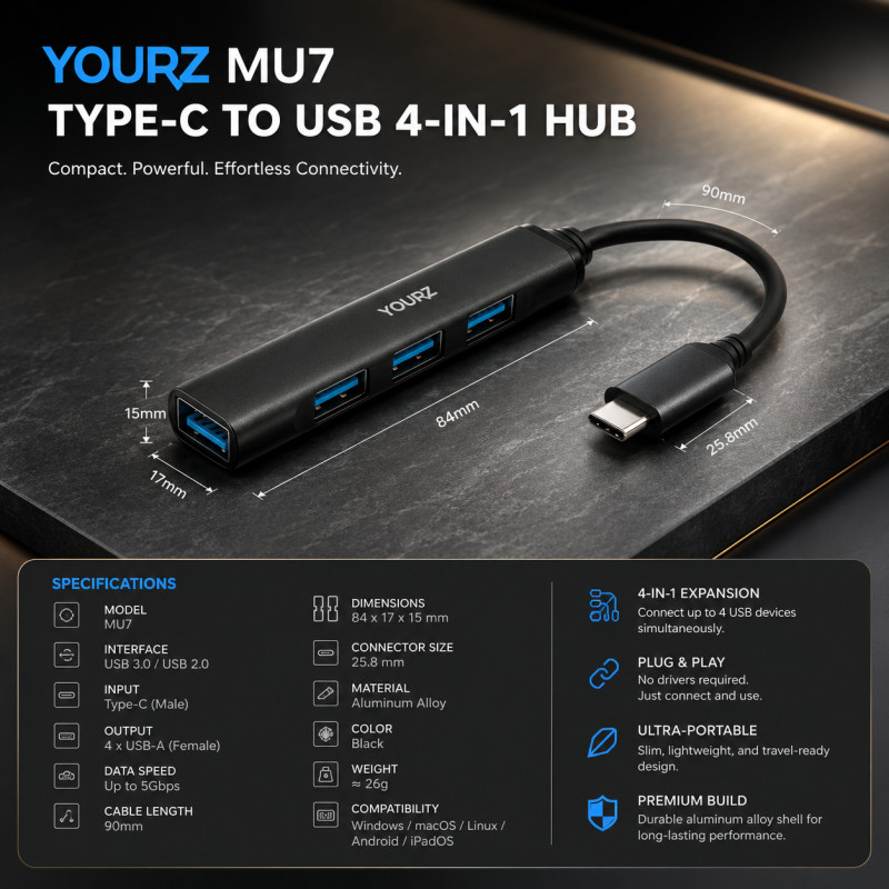 Fresh Shield USB Hub Designed for Seamless Device Connectivity – Black (H-84, W-17, L-15 MM)