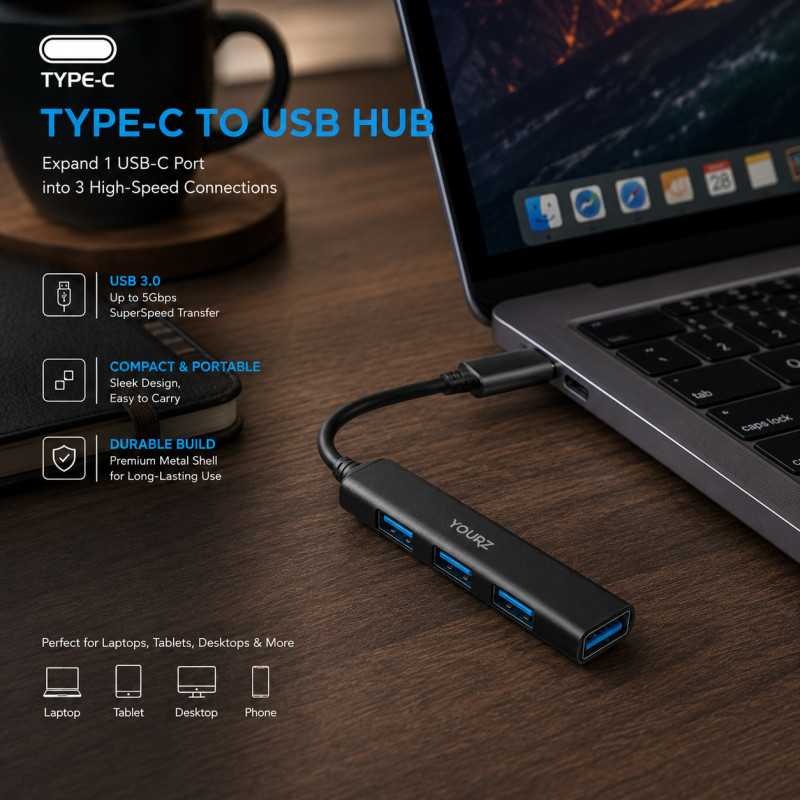 Fresh Shield USB Hub Designed for Seamless Device Connectivity – Black (H-84, W-17, L-15 MM)