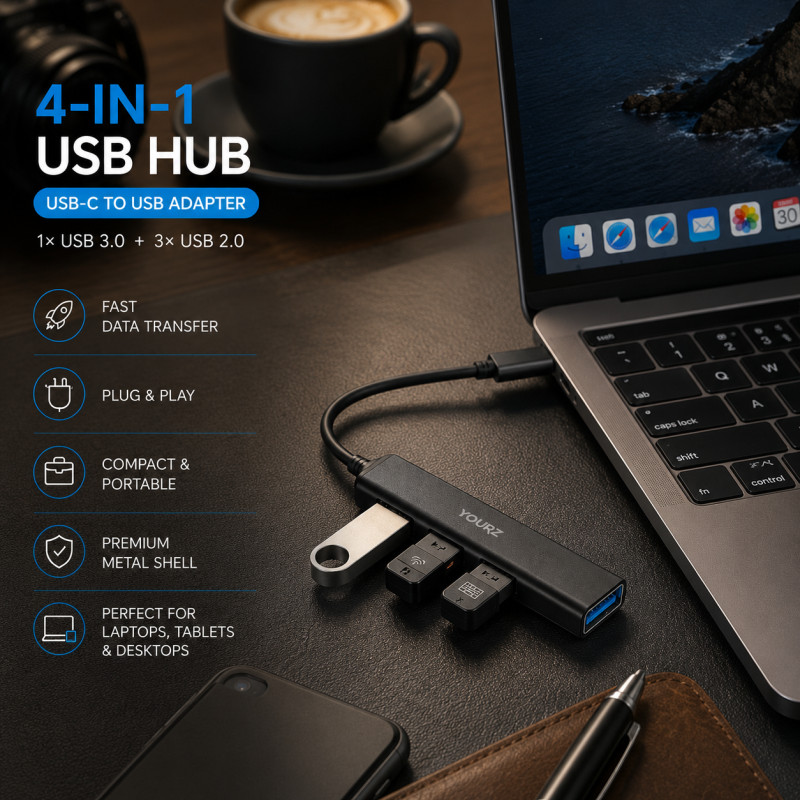 Fresh Shield USB Hub Designed for Seamless Device Connectivity – Black (H-84, W-17, L-15 MM)