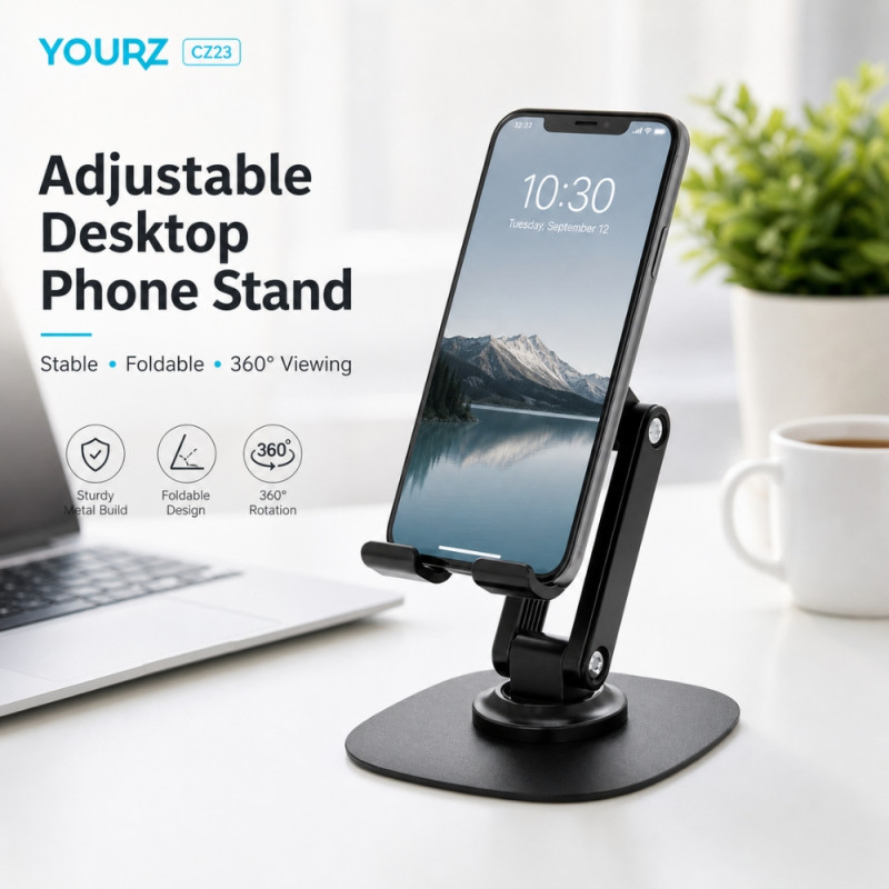 YOURZ Adjustable 360° Rotating Phone Stand – Foldable Black (9.5x6cm)