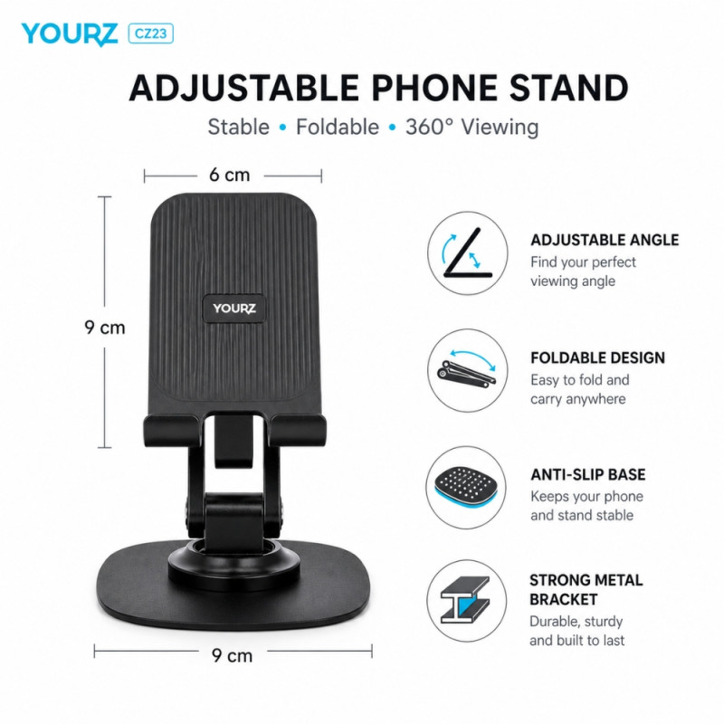 YOURZ Adjustable 360° Rotating Phone Stand – Foldable Black (9.5x6cm)