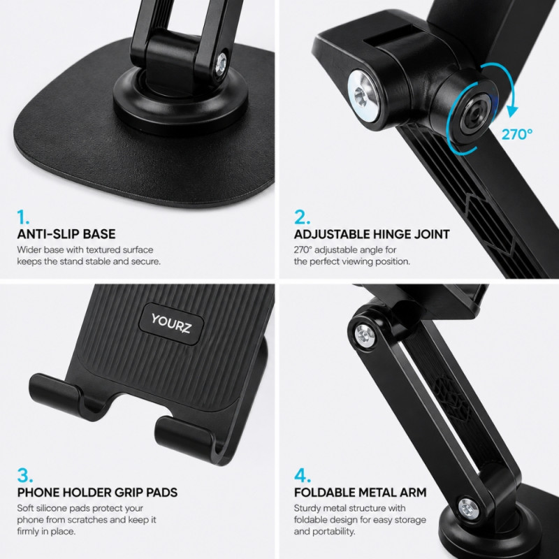YOURZ Adjustable 360° Rotating Phone Stand – Foldable Black (9.5x6cm)