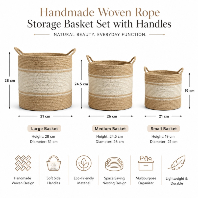 Botanical set of three natural jute and cotton braided storage baskets – Gray Orange &,Beige (3PCS)