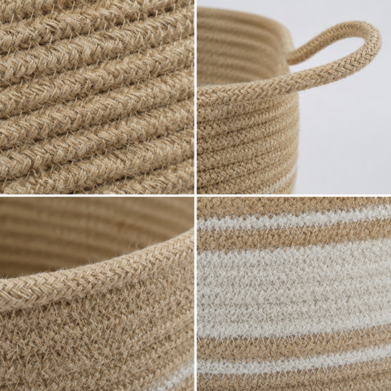 Botanical set of three natural jute and cotton braided storage baskets – Gray Orange &,Beige (3PCS)