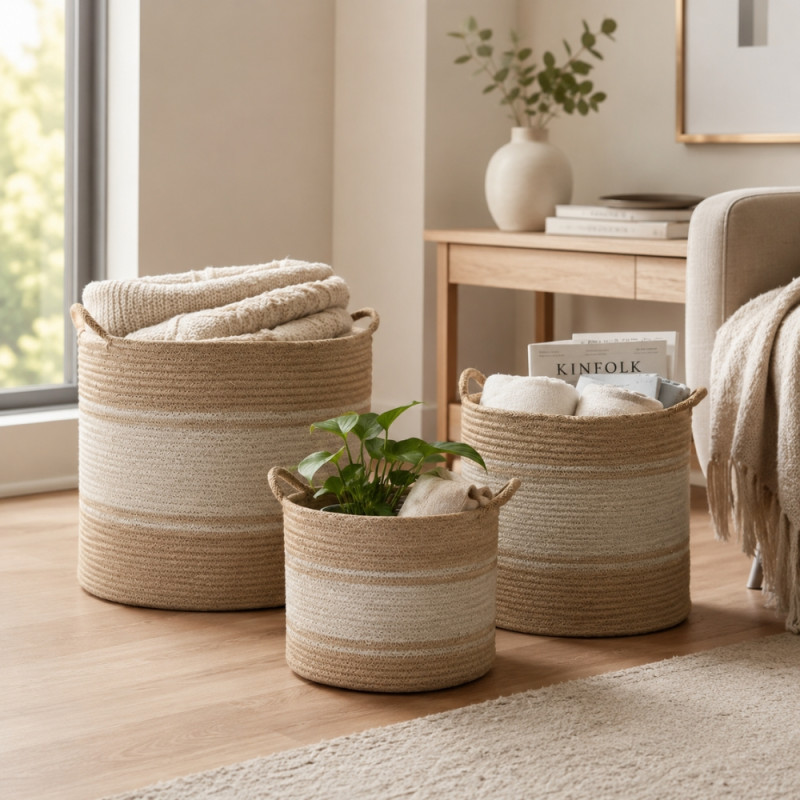 Botanical set of three natural jute and cotton braided storage baskets – Gray Orange &,Beige (3PCS)