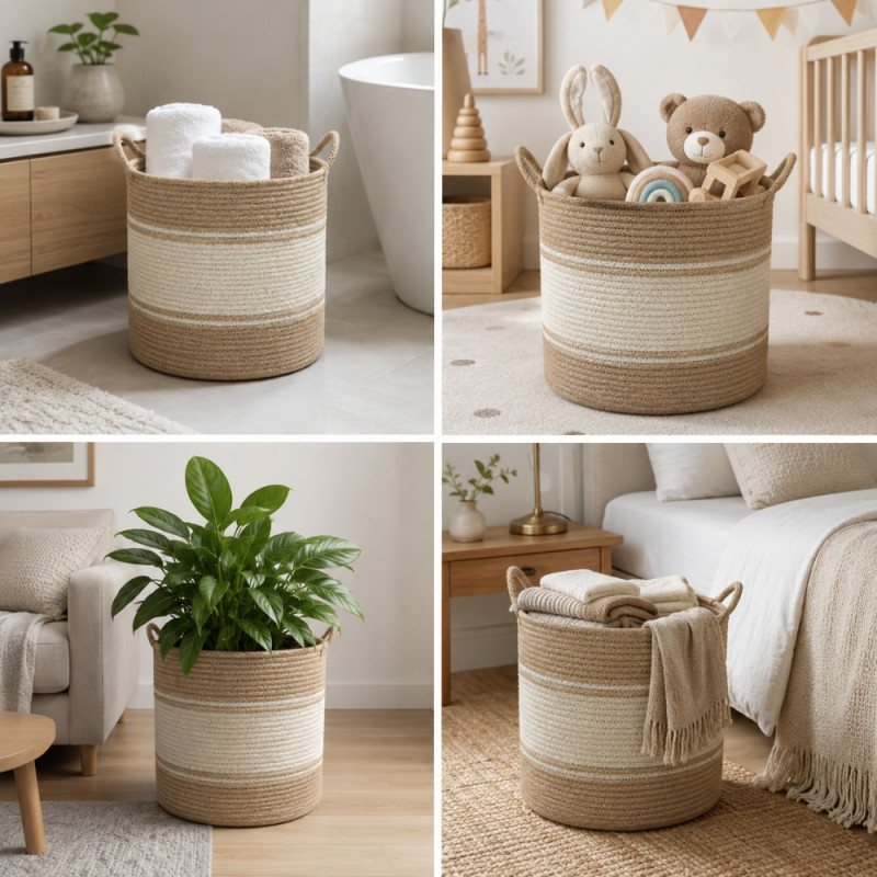 Botanical set of three natural jute and cotton braided storage baskets – Gray Orange &,Beige (3PCS)