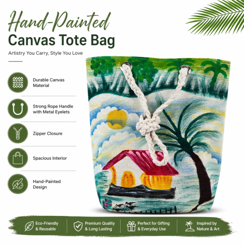 Island Escape" Tropical Scene Tote Bag – Multi-Color (33cm)