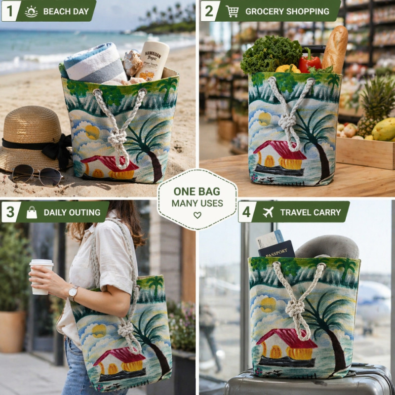 Island Escape" Tropical Scene Tote Bag – Multi-Color (33cm)