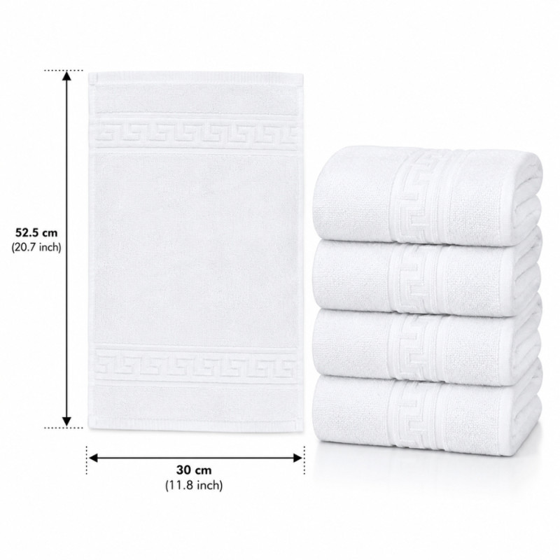 Sensory 4-pack of white, 100% cotton hand towels featuring a classic Greek key decorative border – White (52.5 x 30cm)