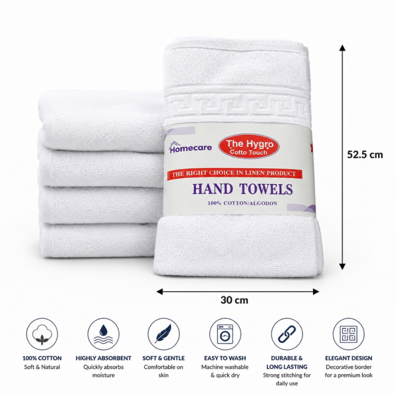 Sensory 4-pack of white, 100% cotton hand towels featuring a classic Greek key decorative border – White (52.5 x 30cm)