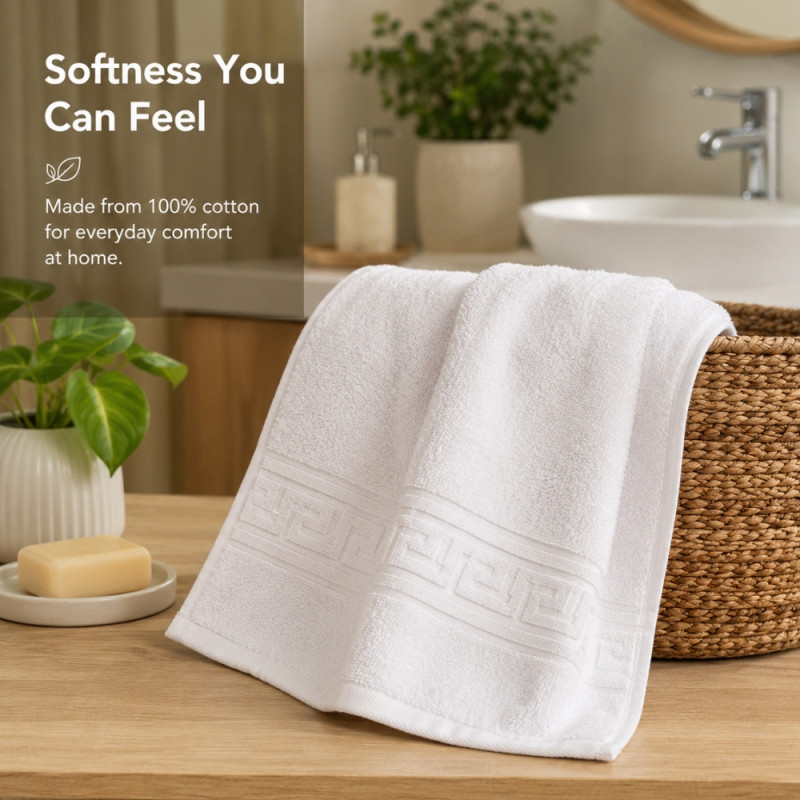 Sensory 4-pack of white, 100% cotton hand towels featuring a classic Greek key decorative border – White (52.5 x 30cm)