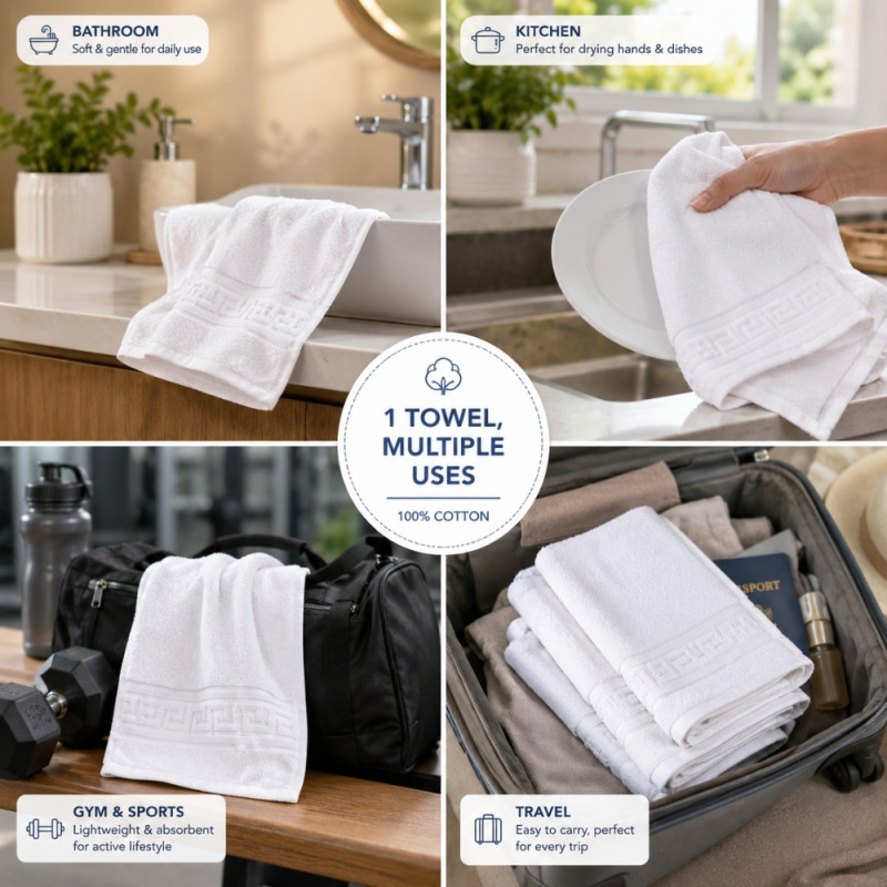 Sensory 4-pack of white, 100% cotton hand towels featuring a classic Greek key decorative border – White (52.5 x 30cm)