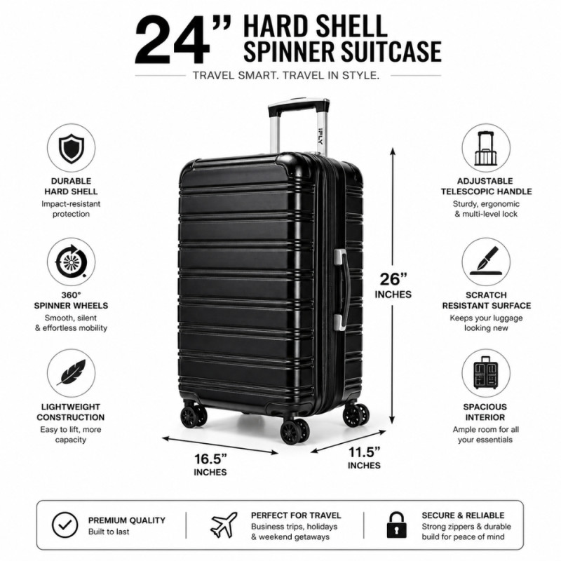 iFLY Spectre Versus Hardside Spinner Trolley – Black (24 x 16.5 x 11.5 inch)