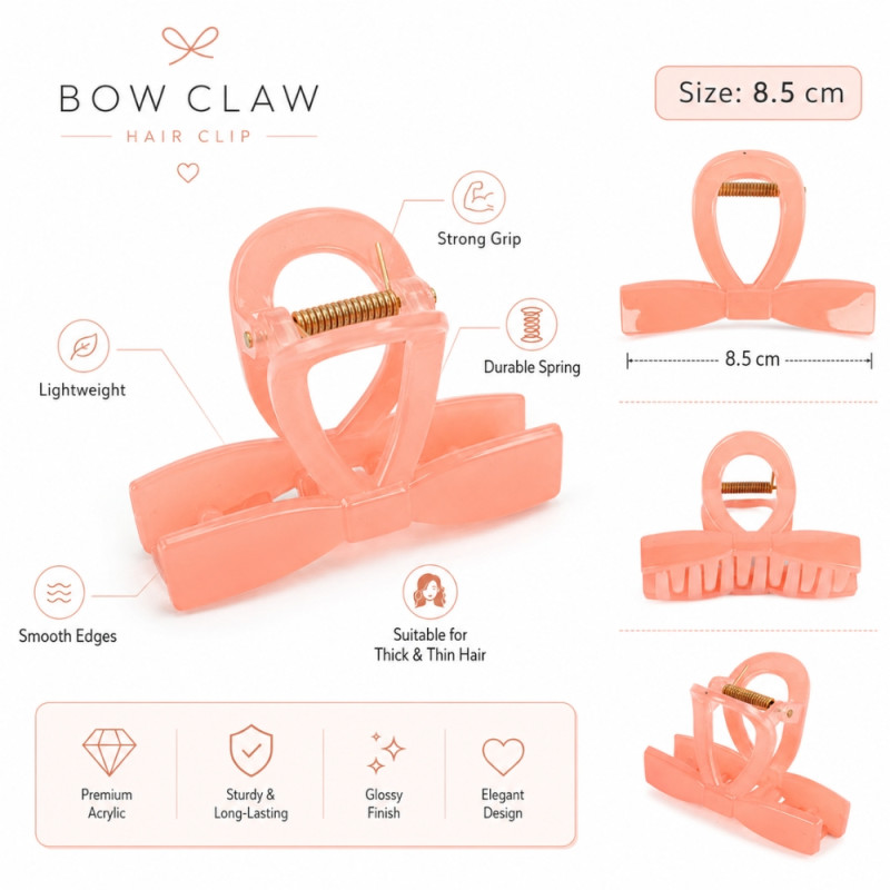 Romantic pink Miniso bow hair claw clip – Pastal Orange (8.5cm)