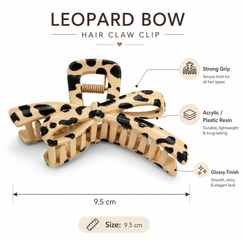 Pragmatic leopard print bow hair claw clip made of acrylic plastic resin with a glossy finish – Black &amp; Beige (9.5cm)