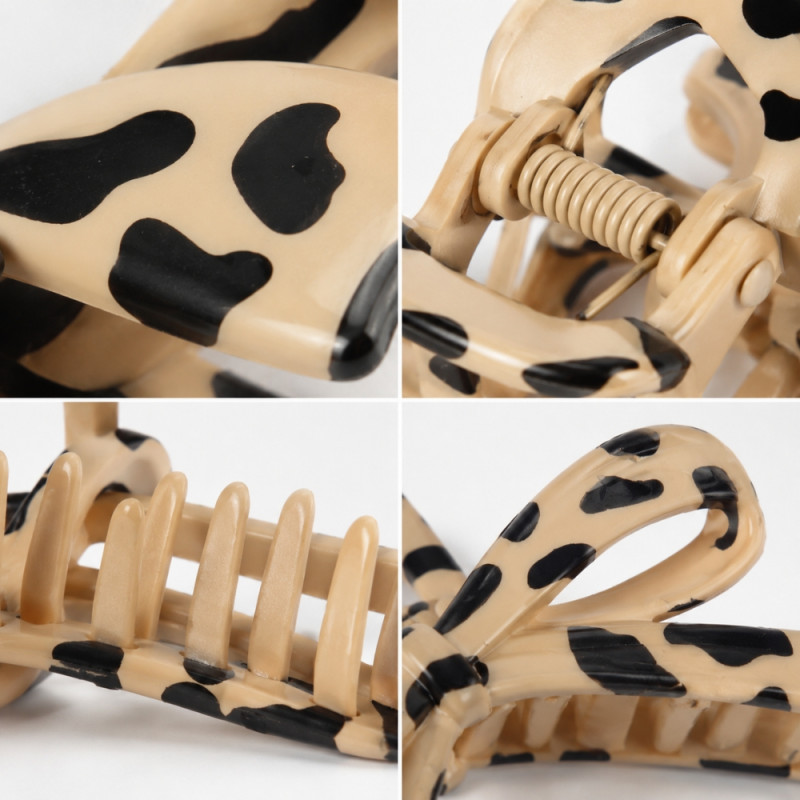 Pragmatic leopard print bow hair claw clip made of acrylic plastic resin with a glossy finish – Black &amp; Beige (9.5cm)