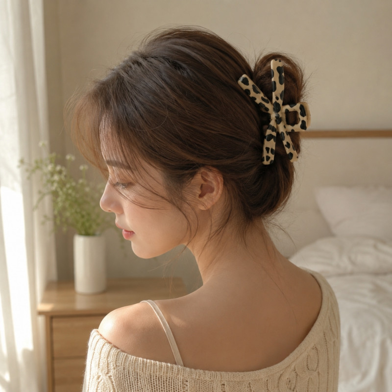 Pragmatic leopard print bow hair claw clip made of acrylic plastic resin with a glossy finish – Black &amp; Beige (9.5cm)