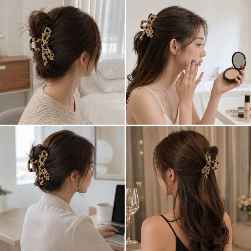 Pragmatic leopard print bow hair claw clip made of acrylic plastic resin with a glossy finish – Black &amp; Beige (9.5cm)