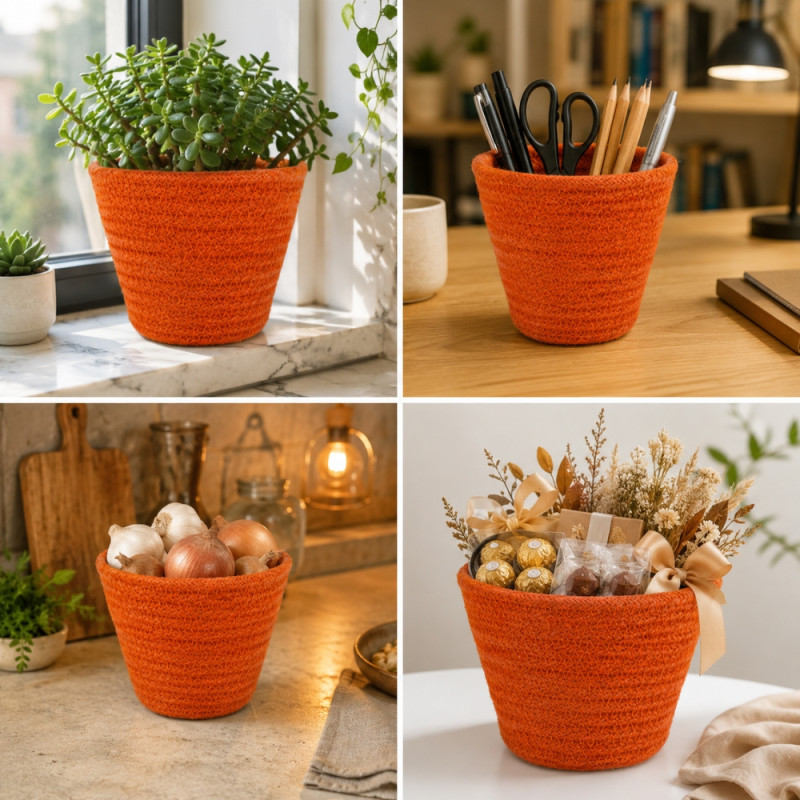 Avant-Garde orange rattan-style plant pots available in a set of three different sizes – Orange (3PCS)